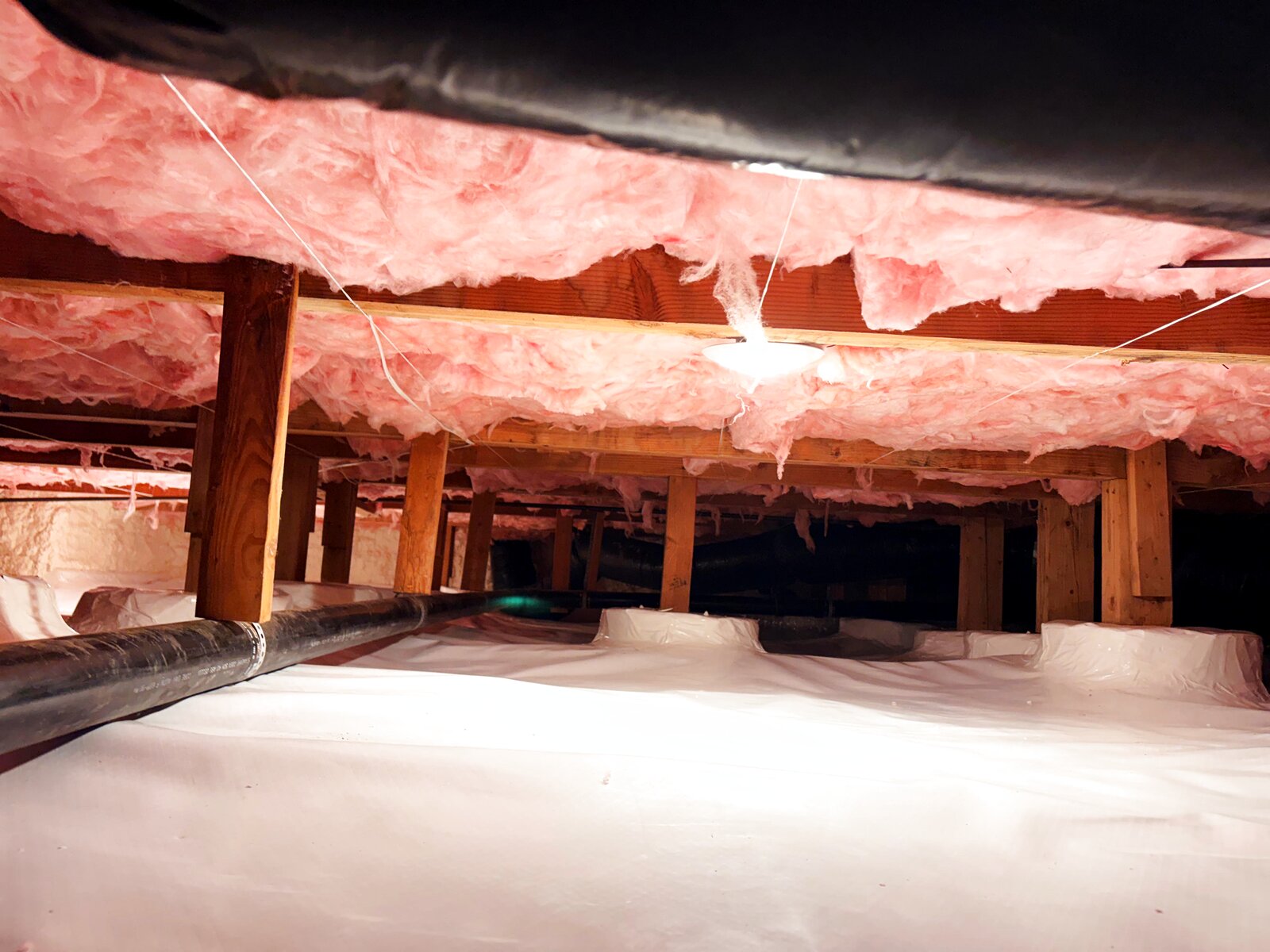 New vapor barrier + clean fiberglass insulation